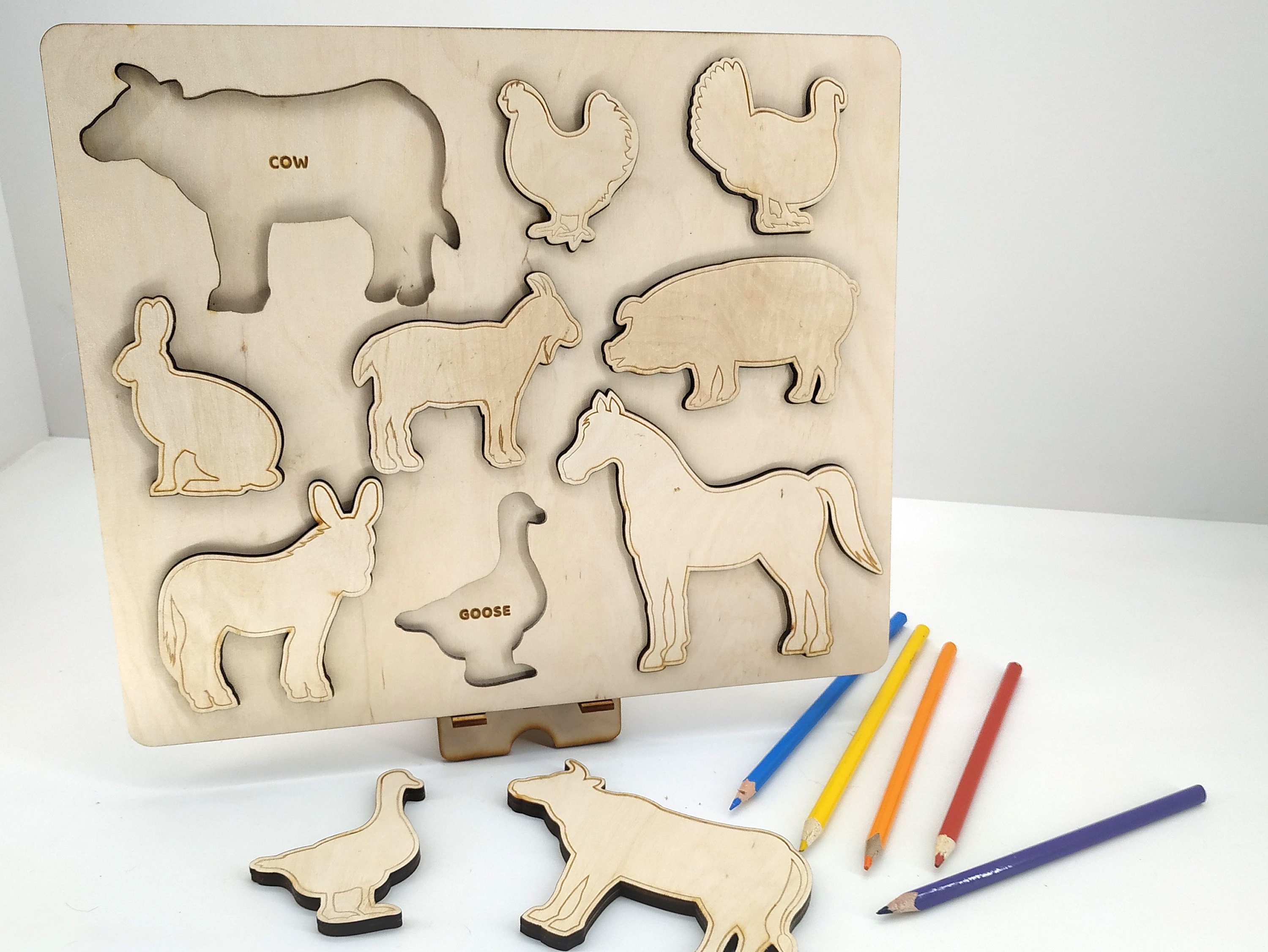 Wooden Farm Animal Puzzle, Educational Shape Puzzle Montessori Toy ...