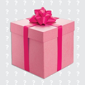 Può includere: Una scatola regalo rosa con nastro e fiocco abbinati. La scatola è quadrata e ha una superficie strutturata. Lo sfondo è grigio chiaro con un motivo di punti interrogativi bianchi.
