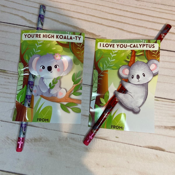 Printed Koala Valentine Pencil Favor Cards, Kids Valentine's Day Class Favors, Non Candy Valentine for Kids, Pencil Classroom Valentine Card