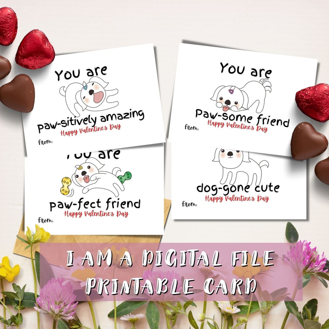 Printable Cute Dogs Classroom Valentine's Day Cards for Kids, Set of 4 ...