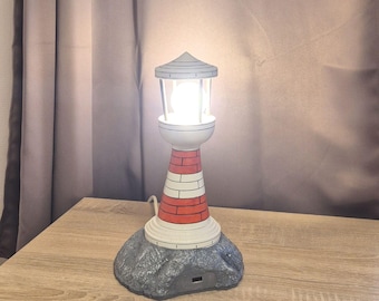 Lighthouse Desk Lamp, Nautical Night Light with USB Charging Port, Handmade Wooden Beacon Lamp, Coastal Home Decor Gift