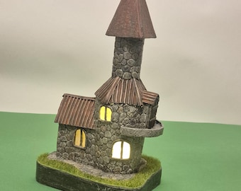 Medieval House Lamp, Fantasy Cottage Light, Fairy House Night Lamp, Handmade Stone House Decor, Rustic Desk Lamp, Unique Gift