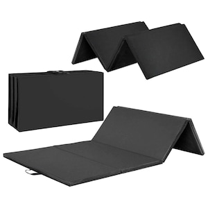 May include: A black folding exercise mat is shown in two positions. The mat is folded into a compact rectangle and unfolded to form a flat surface. The mat is made of a soft, durable material and is ideal for yoga, Pilates, and other exercises.
