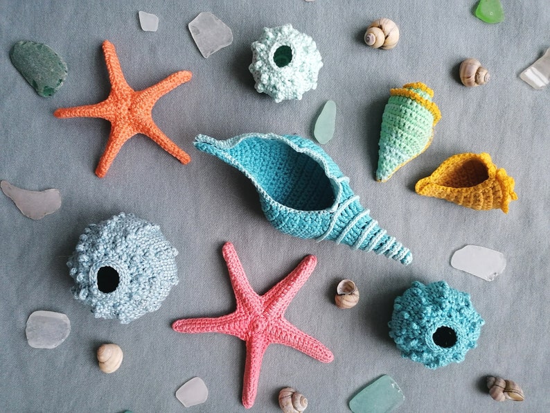 Crochet Sealife Collection no1 Crochet PDF PATTERN Shells, Sea Urchins, Starfish image 1