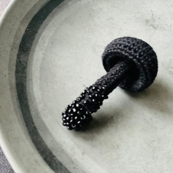Black mushroom pin - crochet toadstool brooch