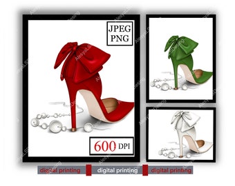 Ilustración digital Zapatos rojos Zapatos de lazo Sandalias verdes Arte digital Arte de impresión Impresión por sublimación Impresión DIY Ilustración planificador ilustración