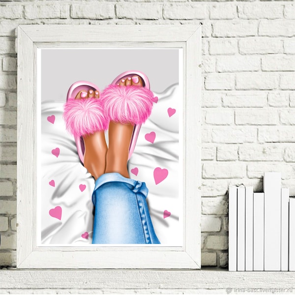 Fashionable Home Illustration, Girl in Pink Slippers, Pink Fur Slippers, Abstract Glam Art Style, Trendy Wall Decor, Fashion Girl Clipart,