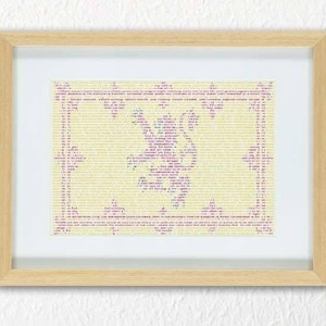 May include: A framed print featuring a world map design composed of text in shades of yellow and purple. The map is centered within a white mat and a light brown wooden frame, suitable for home decor.