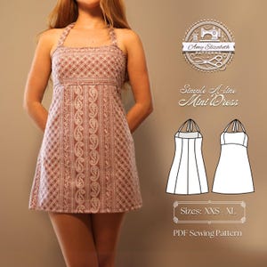 Peut inclure: Une mini-robe à col halter avec un motif cachemire et géométrique dans les tons marron et blanc. L'image comprend un logo avec le texte "Amy Elizabeth PATTERNS" et les mots "Simple A-line Mini Dress". La robe est portée par une personne.