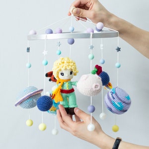 Crochet baby mobile with prince doll, Baby shower gift, Nursery decor, Crib mobile, Knitted boy doll