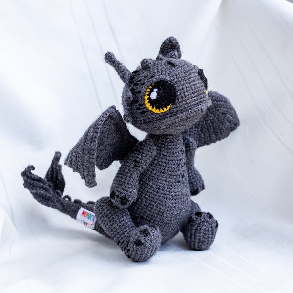 Crochet black dragon toy, handmade amigurumi black dragon, fantasy decoration for kiddos' nursery, crochet amigurumi dinosaur