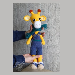 Stuffed amigurumi Giraffe, crochet animals,  green scarf and knitted footwear/Baby&#39;s first gift for bedtime, Handknitted toy present