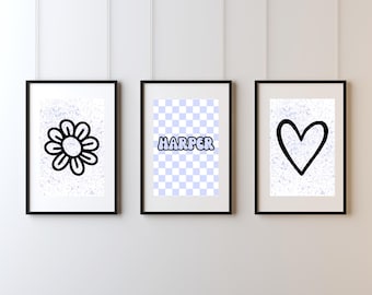 Personalised Name Wall Art Set of 3 Prints, Custom Kids Bedroom Decor, Nursery Wall Art, Heart Flower Checkerboard Print, Custom Name Poster