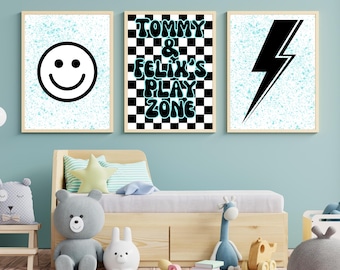 Personalised Kids Wall Art Set of 3 Prints, Smiley Face Lightning Bolt Bedroom Decor, Custom Name Checkerboard Print, Boys Room Wall Art