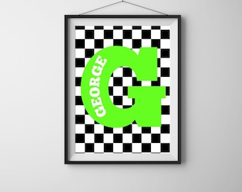 Personalized Initial Nursery Art | Red Letter, Checkerboard Print (A4 or Digital Download )