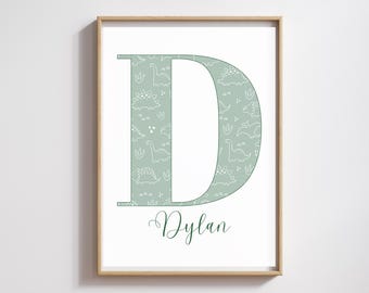 Dinosaur Initial Name Print | Soft Green Nursery Decor (Digital Download Available)