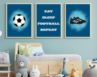 Football Wall Art Set of 3 Prints | Eat Sleep Football Repeat | Soccer Nursery Decor | Boys Bedroom Wall Art | Kids Football Room Decor