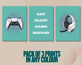 Gaming Wall Art Set of 3 Prints, Gamer Bedroom Decor, Eat Sleep Game Repeat Poster, Video Game Controller Headset Wall Art, Boys Gaming Room