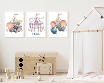 Personalized Dumbo Nursery Prints Set | Circus Theme Wall Art (Digital Download or A4 Print)