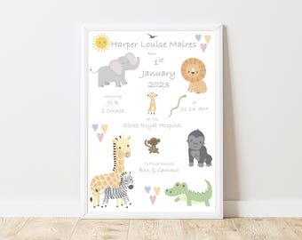 Personalised Safari Animals Print, Including Birth Details, New Baby ...