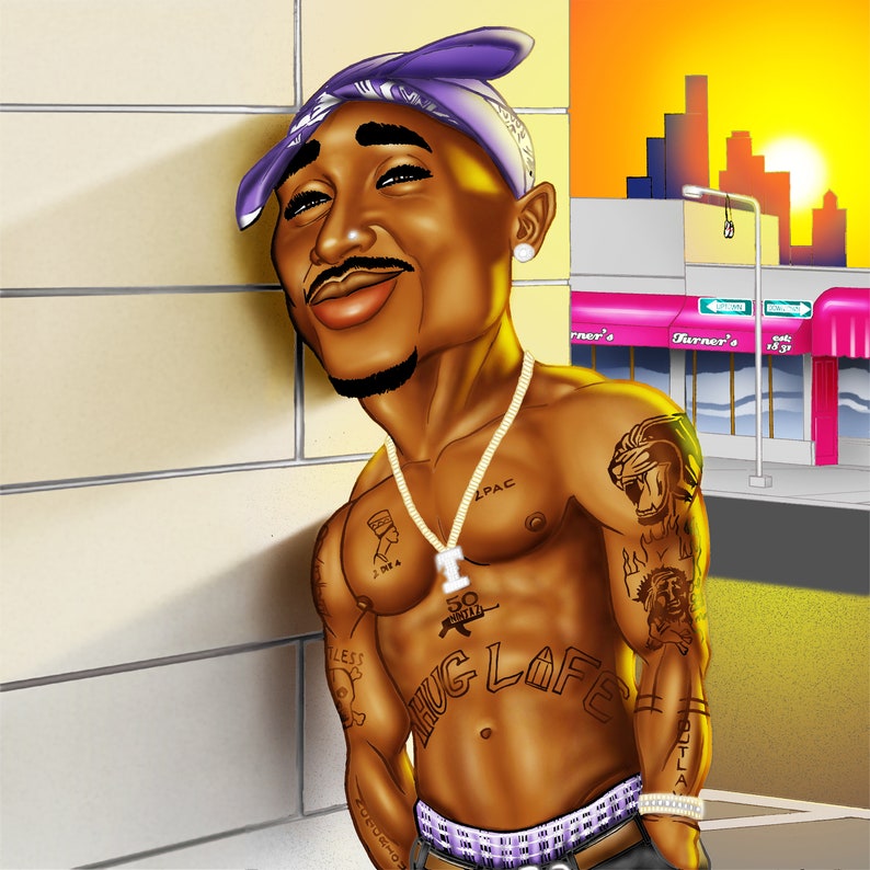 2pac Tupac Shakur Cartoon Caricature Celebtoonz Showing Tattoos Leaning ...