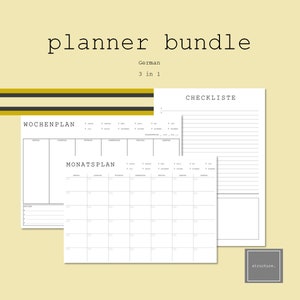Könnte beinhalten: Ein schwarz-weißes druckbares Planer-Paket auf Deutsch. Das Paket enthält einen Wochenplaner, einen Monatskalender und eine Checkliste. Der Text "Wochplan", "Monatsplan" und "Checkliste" ist auf den Seiten sichtbar.