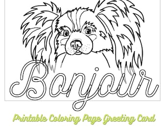 Página para colorear imprimible, Tarjeta para amantes de los perros, Tarjeta de felicitación descargable en PDF, Perro Papillion, Tarjeta de celebración, Página para colorear