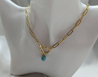 Paperclip Chain Necklace/ Gold Toggle Necklace / 18K Gold Plated Paperclip Chain Necklace with Charm/ Paperclip Chain Necklace with Pearl