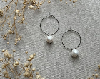 Mia/ Sterling Silver Pearl Hoop Earrings/ Pearl Hoop Earrings / Silver Hoop earrings / Freshwater Pearl Earrings/ Gift for her