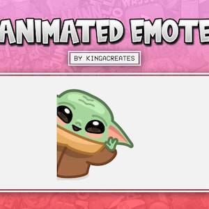 May include: Animated emote of a green character with large eyes peeking from behind a white background. The character has a small mouth and is smiling. The character is wearing a brown robe.