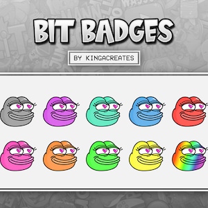 May include: A set of eight digital badges featuring a cartoon frog with hearts for eyes in various colors, including gray, purple, green, blue, red, pink, orange, yellow, and rainbow. The text "BIT BADGES BY KINGACREATES" is at the top of the image.