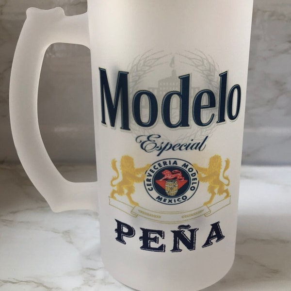 Custom Personalized Beer Stein. Modelo. Frosted Glass Beer Mug. Last Name. New Dad gift. Birthday Gift. Gift for husband. Regalo para Papa.