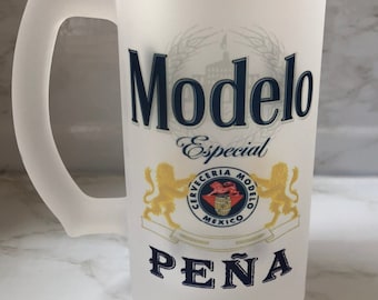 Custom Personalized Beer Stein. Modelo. Frosted Glass Beer Mug. Last Name. New Dad gift. Birthday Gift. Gift for husband. Regalo para Papa.