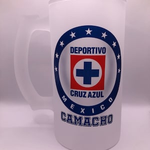 Custom Made Cruz Frosted Beer Mug. Personalized Azul Deportivo Glass Beer Stein. Futbol Beer Gift. Soccer Fan. Mexico. Husband Gift.