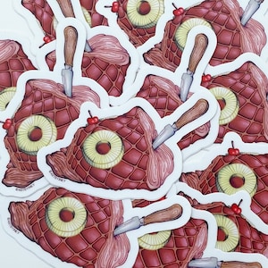 May include: A set of 10 stickers featuring a cartoon illustration of a pineapple ham. Each sticker is white with a red outline and features a cartoon pineapple ham with a cherry on top and a knife sticking through it.