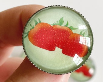 Strawberry Fruit Glass Pin (25mm- 1 inch), Cottagecore Summer Clothing Accessories, Handmade Cabochon Shabby Chic Brooch
