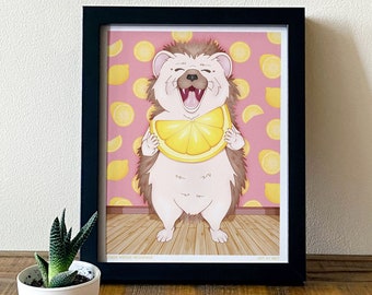 Hedgehog with Lemon Illustrated Art Print (8x10”) - Cute Wall Decor for Home, School or Children’s Nursery