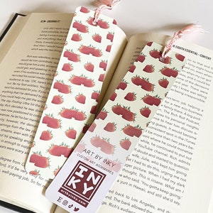Strawberry Paper Bookmark 2 x 8 inches, Cottagecore Accessories for Reading, Handmade Bookworm Gifts image 1