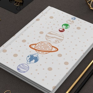 White Outerspace Hardcover Journal for Notetaking, Journaling and Studying, Rule Lined Solar System Notebook, Fun Cosmic Galaxy Stationery image 1