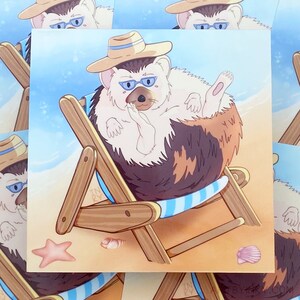 May include: A cartoon hedgehog wearing sunglasses and a straw hat is relaxing in a beach chair on a sandy beach. The hedgehog has brown and white fur and is wearing a blue and white striped beach towel.
