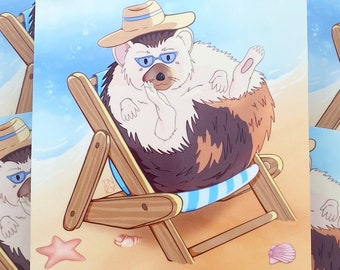 Funny Hedgehog Beach Square Die Cut Sticker - Summertime Ocean Scene Decal