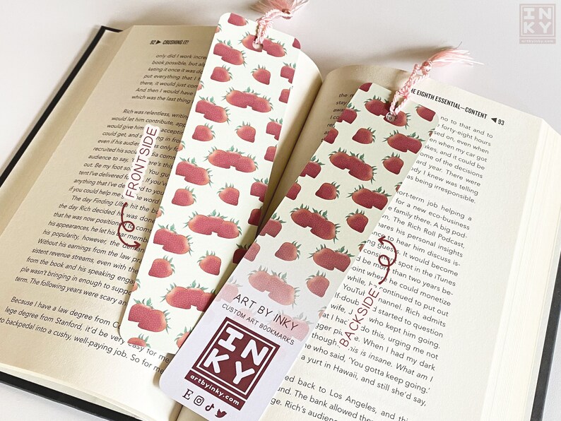 Strawberry Paper Bookmark 2 x 8 inches, Cottagecore Accessories for Reading, Handmade Bookworm Gifts image 2