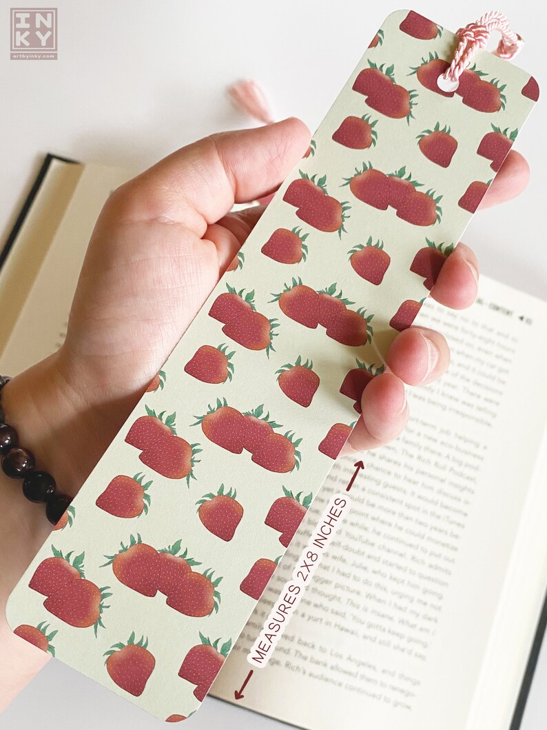 Strawberry Paper Bookmark 2 x 8 inches, Cottagecore Accessories for Reading, Handmade Bookworm Gifts image 3