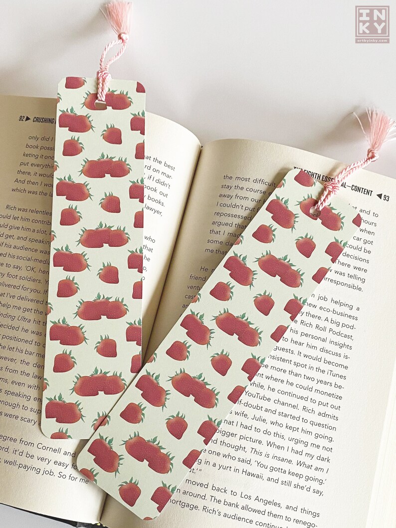 Strawberry Paper Bookmark 2 x 8 inches, Cottagecore Accessories for Reading, Handmade Bookworm Gifts image 7