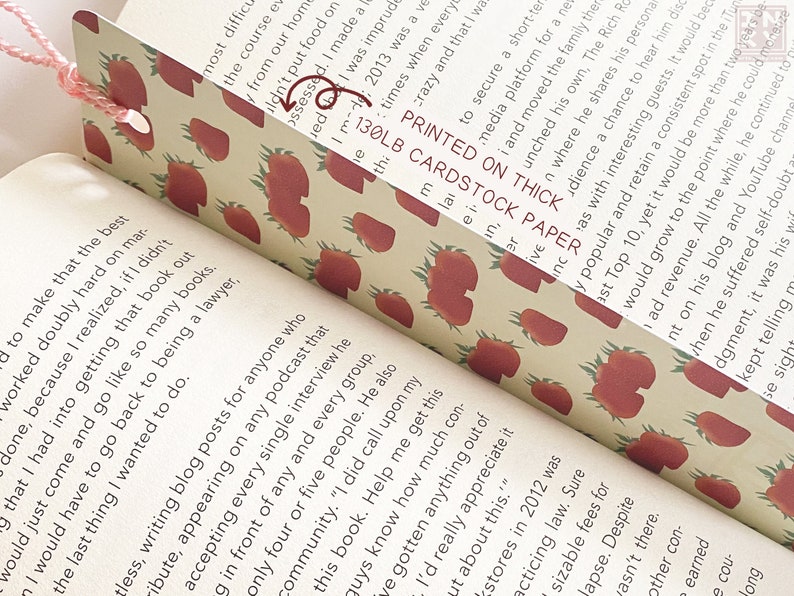 Strawberry Paper Bookmark 2 x 8 inches, Cottagecore Accessories for Reading, Handmade Bookworm Gifts image 5