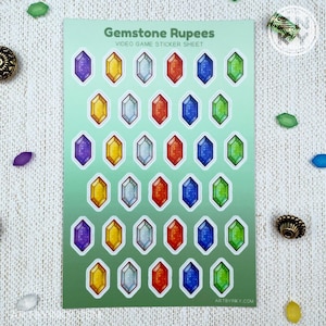 Hoja de calcomanías coloridas de rupias de videojuegos: calcomanías de jugador para planificadores, diarios y álbumes de recortes