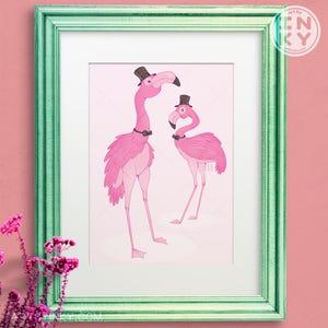 Impresión artística ilustrada de flamencos elegantes con sombreros de copa: 8 x 10 pulgadas, decoración de pared tropical rosa para el hogar, la oficina o como regalo.