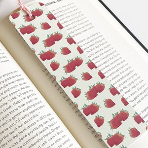 Strawberry Paper Bookmark 2 x 8 inches, Cottagecore Accessories for Reading, Handmade Bookworm Gifts image 6