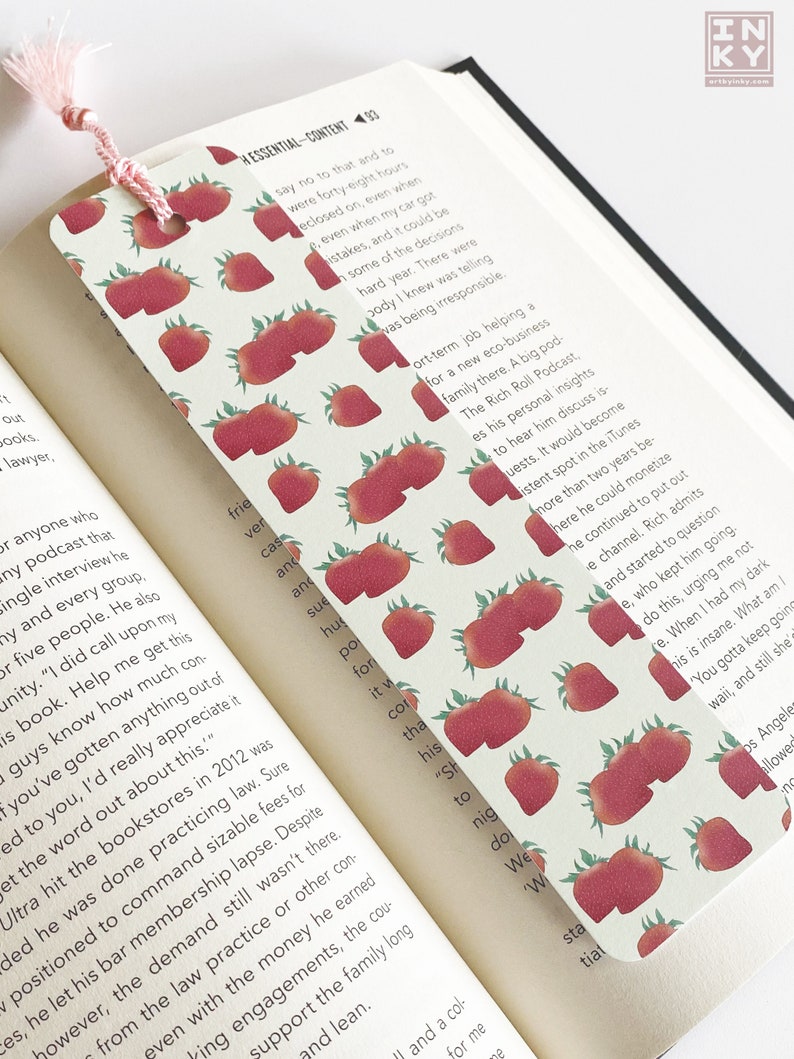 Strawberry Paper Bookmark 2 x 8 inches, Cottagecore Accessories for Reading, Handmade Bookworm Gifts image 6