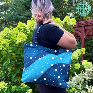 Cosmic Blue Galaxy Stars Tote Bag – (16 x 13”) Large Zippered Full Print Cotton Canvas Bag for Space Enthusiasts
